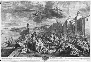 Az 1720-as pestisjárvány Marseille-ben, vésette Simon Thomassin (1655-1733) 1727 (metszet) (f/w fotó) alkotó: Jean Francois de (after) Troy