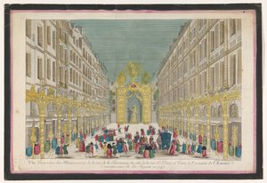 Kilátás a párizsi Rue de la Feronnerie díszítésére XV. Lajos francia király 1745-ös restaurálása alkalmából Vue perspective des illuminations de la Ruë de la Feronnerie du côté de la Ruë St. Denis a Paris (...) (cím az o-n