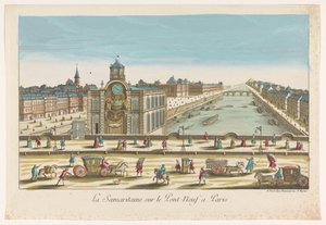 Kilátás a Samaritaine vízszivattyúra a Pont Neuf-on a Szajna folyó felett Párizsban La Samaritaine sur le Pont Neuf a Paris (cím a tárgyon)