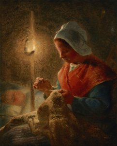 Francia: Femme coud à la lumière de la lampe Woman Sewing by Lamplight (Női varrás lámpafénynél) alkotó: Jean Francois Millet