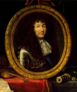 XIV. Lajos francia király (1638-1715), a művészetek és tudományok védelmezőjének portréja A király portréját hangszerek (viola de gamba, hegedűgitár) és tudományos hangszerek (négyzet, égi földgömb, iránytű) veszik körül. Részlet. Festés által alkotó: Jean Garnier