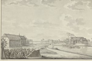 A poroszok támadása Van Brush ezredes vezetésével a Duivendrecht hídon, 1787. október 1. alkotó: Jean George Teissier (signed by artist)