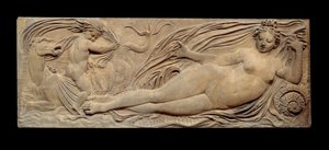 Nimfa és kis dzsinn lovagol egy tengeri lovon; Nimfa és Triton két kis dzsinnnel körülvéve. Alacsony megkönnyebbülés. Jean Goujon (1510-1567) kőszobra