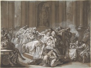 Seneca halála (toll és fekete tinta, ecset és barna mosás, fehér gouache-val kiemelve kék papíron)
