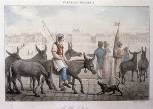 Korábbi utcai kereskedelem Párizsban: szamártej-kereskedő (Ane dans Paris) – Jean Henry Marlet (1771-1847) metszet a „Les Tableaux de Paris”-ban”, 72 nyomtatványból álló sorozat, 19. század vége