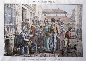 Régi kereskedelem Párizs utcáin: A Saint Martin piac tejeslánya (Saint-Martin) – Jean Henry Marlet (1771-1847) metszet a „Les Tableaux de Paris”-ban”, 72 nyomtatványból álló sorozat, 19. vége század