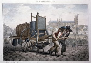 Egykori utcai metró Párizsban: fürdő otthon (két férfi húzza a szekeret vízzel töltött hordóval). Jean Henry Marlet (1771-1847) metszete a „Les Tableaux de Paris”-ban, 72 nyomtatványból álló sorozat, 19. század vége.