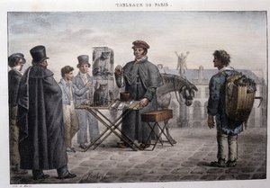Egykori párizsi utcai metró: a patkányhalál kereskedő (camelot). Jean Henry Marlet (1771-1847) metszete a „Les Tableaux de Paris”-ban, 72 nyomtatványból álló sorozat, 19. század vége.