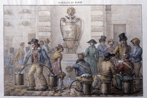 Egykori utcai metró Párizsban: vízszállító egy szökőkút előtt. Jean Henry Marlet (1771-1847) metszete a „Les Tableaux de Paris”-ban, 72 nyomtatványból álló sorozat, 19. század vége. alkotó: Jean Henri Marlet