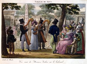 Olasz zenészek fellépnek egy párizsi körúton, a "Tableaux de Paris"-ból, 1820 körül
