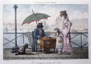 Régi utcakép Párizsban: vak koldus a művészetek hídján. Jean Henry Marlet (1771-1847) metszete a „Les Tableaux de Paris”-ban, 72 nyomtatványból álló sorozat, 19. század vége.