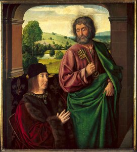 Pierre II de Beaujeu, Bourbon hercegének (1439-1505) portréja, Saint Pierre bemutatása Maitre de Moulins vagy Jean Hey (1450-1505) festménye. Nap 0,73 X 0,65 m