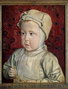 Charles Orlant (1492-1495) delfin portréja, VIII. Károly (1470-1498) és Bretagne-i Anne festménye, Jean Hey (1450-1505) Moulins mesterének nevezett festménye 1494. V. 0,28x0,23 m Párizs. Musee du Louvre – Dauphin Charles Orlant portréja (14
