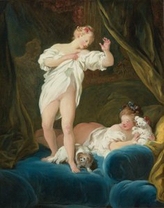 Két lány egy ágyon játszik a kutyáikkal alkotó: Jean Honore Fragonard