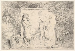 Egy dombormű, amely bal oldalt egy szatírt ábrázol, két csecsemőt tartva, jobbra egy másik szatírt..., 1763. alkotó: Jean Honore Fragonard