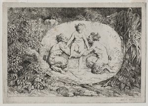 Bacchanales: Két szatír által támogatott nimfa, 1763. alkotó: Jean Honore Fragonard