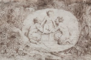 Bacchanales: Két szatír által támogatott nimfa, 1763. alkotó: Jean Honore Fragonard