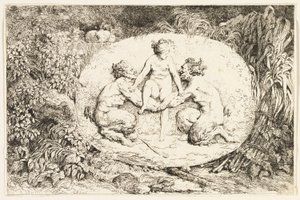Két szatír kezén ülő nimfa a Bacchanales, avagy a szatírok játékai című képből alkotó: Jean Honore Fragonard