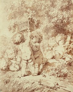 Hat putti játszik, ketten egy ketrecben tartanak, alkotó: Jean Honore Fragonard