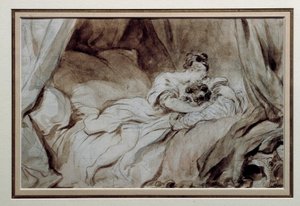 A boldog pillanat Egy pár simogatja egymást az ágyban. Jean Honore Fragonard (1732-1806) rajza a Bistre Wash-ben, 18. századi magángyűjtemény alkotó: Jean Honore Fragonard