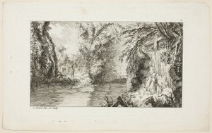 Tájkép sétálóval és vízeséssel, 5. tábla a Livre de paysages (Tájképek könyve) második sorozatából. alkotó: Jean Hoüel
