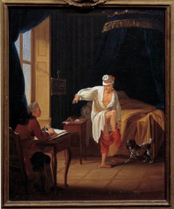 Voltaire (1694-1778) író és filozófus felemelkedése titkárának, Collininak diktálta Jean Huber (1721-1786) Ferney-festményét, a 18. századi Sun. 0,37 x 0,31 m Paris Musee Carnavalet