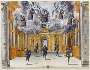 Idősebb Jean Berain (1640-1711) díszletét a Le feste di Amore e di Bacco (A szerelem és a Bacchus ünnepe), Jean-Baptiste Lully (1632-1687) balettje a párizsi Palais-Royalban, november 15