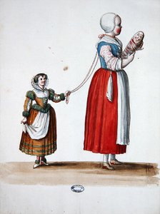 Két fiatal lány, színházi jelmezterv XIV. Lajos ünnepeire és bulijaira (akvarell papíron)