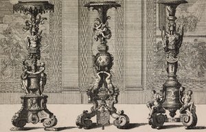 Nagy bronz gyertyatartók, Jean Berain (1640-1711) metszete a L