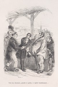 Minden szavazó, kicsik és nagyok, összegyűlnek, hogy alázatosan rábeszéljék egymást... az 1843-as... kis nyomorúságaiból. alkotó: Jean Ignace Isidore Gérard