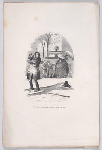Felkel, tetőtől talpig hó borítja. Az emberi élet kis nyomorúságaiból, 1843. alkotó: Jean Ignace Isidore Gérard