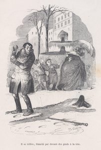 Felkel, tetőtől talpig hó borítja. Az emberi élet kis nyomorúságaiból, 1843.