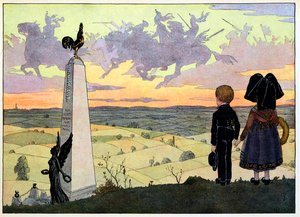 Az én falum, akik nem felejtik: A csatatér (Geisberg-emlékmű a két fonógyerekkel Hansinak pózol); alkotó: Jean-Jacques (1873-1951) Waltz