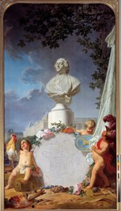 Tudományos Európa Franciaország dicsőségének allegorikus ábrázolása, XVI. Lajos (1754-1793) mellszobra uralja a francia birtokok térképét, a kakast, az angyalokat, valamint a művészetek és tudományok szimbólumait. Jean Jacques Bachelier (1724-1806) festmén