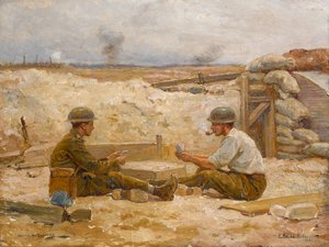 Két brit tiszt kártyázik a barlangjukon kívül, Secteur de Bapaume, 1918-20 alkotó: Jean Jacques Berne-Bellecour