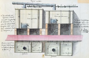 Vízmelegítő rendszer tervezése a párizsi Hotel de Montholonban, 1787 körül (wc papíron)
