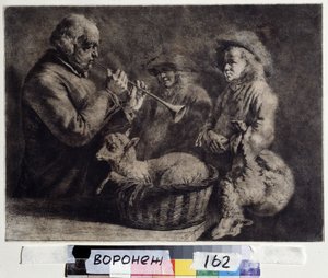 ""Az oboa"" (oboa) Egy zenész, aki oboán játszik két pásztor előtt. Jean Jacques de Boissieu (1736-1810) fametszete 1772 Ivan Kramskoy (vagy Kramskoi) Szépművészeti Múzeum Voronyezsben (Voronyezs), Oroszország. alkotó: Jean Jacques de Boissieu