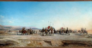 Nomádok és tevék kempingező karavánjait keresem a sivatagban. Jean Joseph Bellel (1816-1898) festménye 19. századi Montpellier, Musee Fabre - Tábort keresünk. Nomád karavánok és tevék a sivatagban. Jean Joseph Bellel (1816-1898) festménye alkotó: Jean Joseph Bellel