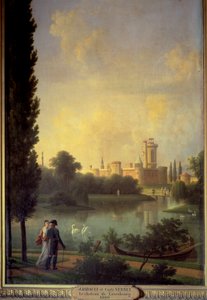 Laxemburg (Ausztria) vára, előtérben Ausztria császára és Marie Louise főispánnő. Joseph Bidault festménye (1758-1846)