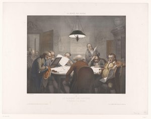 Olvasószekrény olvasó férfiakkal egy kerek asztalnál Le cabinet de előadás / The Reading Club / Das Lesecabinet (cím a tárgyon) Nevetők Múzeuma (sorozat címe) Le musée des rieurs (sorozat címe a tárgyon) alkotó: Jean Julien Jacott