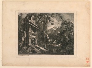 Építészeti fantázia sírral és romokkal, tányér a "Giovan Inventione romjaiból. Loren, Legeay Architet. Ő maga faragta Luce 1768-ban"