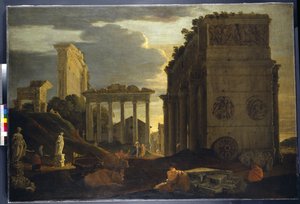 Capriccio-kép alakokkal a diadalív mellett, valamint a Szaturnusz és a Jupiter Tonans templomaival (olaj, vászon)