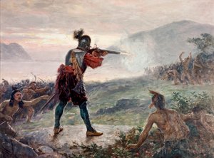 Csata a Champlain-tónál az irokéz törzsek és a franciák által támogatott indián törzsek (algonkin, huron és montagnais) koalíciója között 1609-ben - Jean Leon Gerome Ferris (1863-1930 ) festménye. alkotó: Jean Leon Gerome