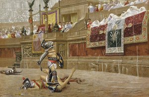 Gladiátorok a római arénában: a nézők a "hüvelykujj lefelé" jelzéssel jelzik a győztesnek, hogy ne kímélje ellenfelét. Kromolitográfia JL Gerome festménye után. alkotó: Jean Leon Gerome