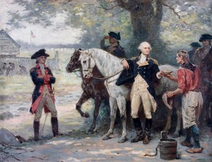 Amerikai függetlenségi háború (1775-1783): George Washington (1732-1789) félúton Brook felé, a kontinentális hadsereg katonai táborának közelében egy fiatalember italt hoz neki - Jean Leon Gerome Ferris (1863-1930 ) festménye. alkotó: Jean Leon Gerome