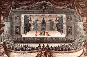 Jean Baptiste Poquelin dit Moliere Versailles-ban "A képzeletbeli rokkant" (színes metszet)
