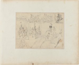 Vázlatok lapja: Lovassági csaták és lovas katonák alkotó: Jean Louis André Théodore Géricault