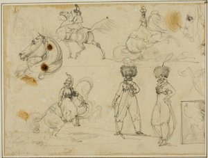 Vázlatok lapja: Katonák, lovak és egy tájkép alkotó: Jean Louis André Théodore Géricault