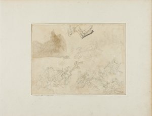 Vázlatok egy lovassági csatához; egy kutya hátsó lábai alkotó: Jean Louis André Théodore Géricault