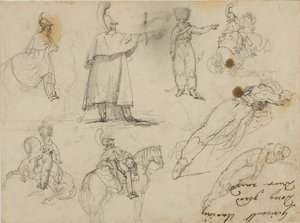 Katonák és lovak vázlatai alkotó: Jean Louis André Théodore Géricault